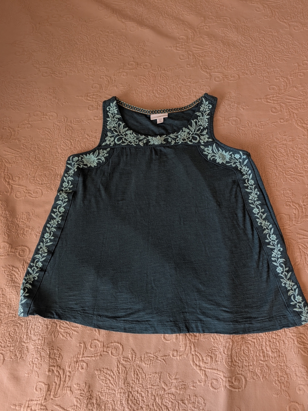 J. Jill Black Tank with Light Green Floral Embroidery